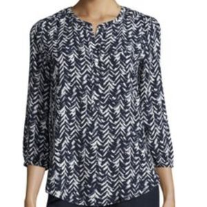 NYJD 3/4-Sleeve Printed Pleated-Back Blouse, Feather Chevron
